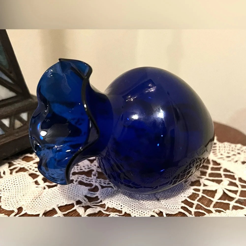 Vintage MCM Cobalt Blue Art Glass Vase • Black Ruffled Rim 4.5”